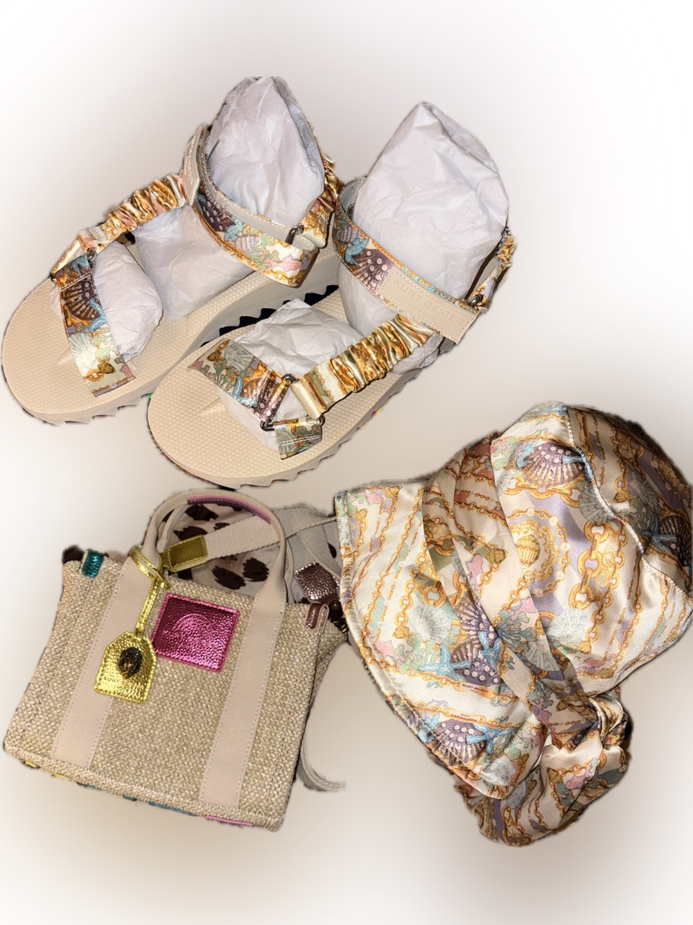 Kurt Geiger Pastel Chain-Print Crossbody Bag, Scarf, Bucket Hat,Strappy Sandals